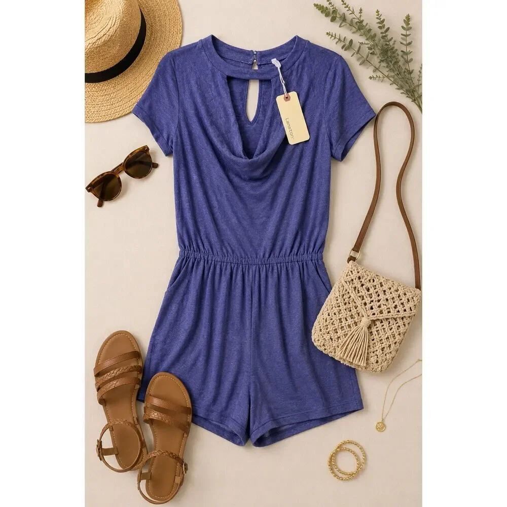 Lanston Indigo Blue Purple Cowl Neck Romper Small NWT Soft Knit Keyhole Romper